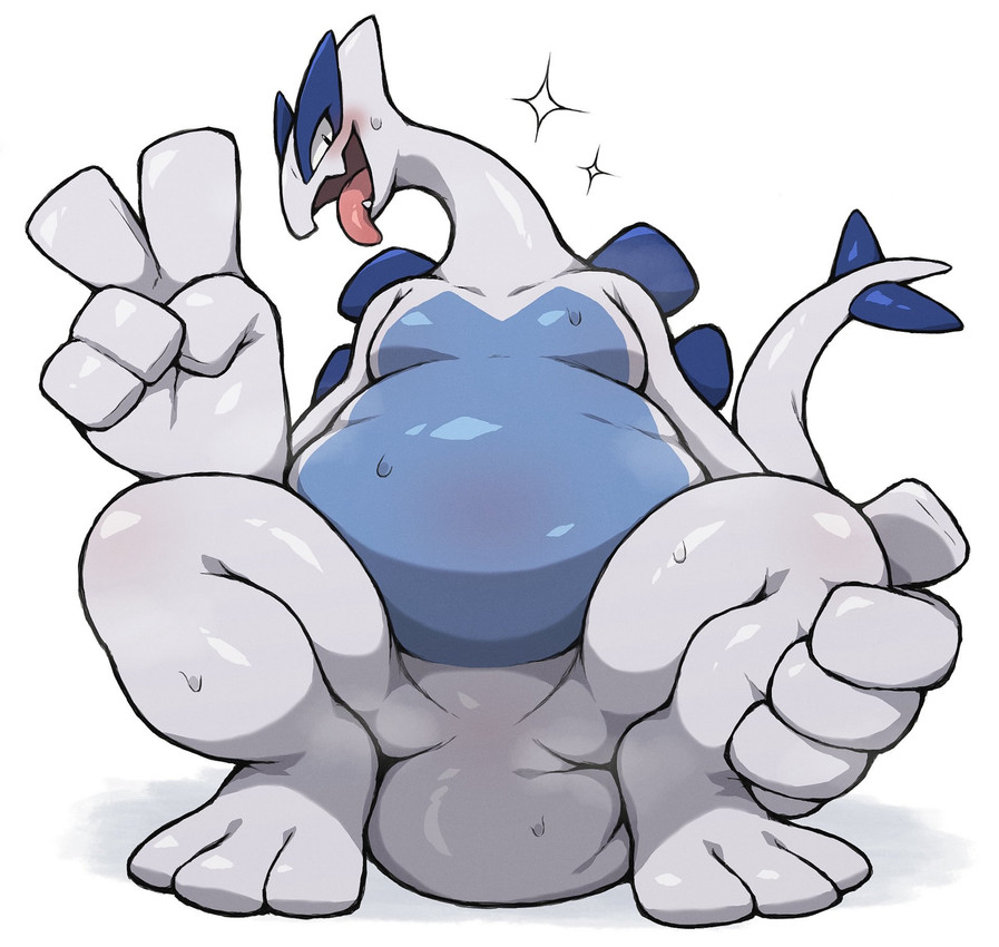anthro belly blush bodily_fluids crouching featureless_crotch feral gesture hand_gesture male moobs musk musk_clouds null overweight solo spread_legs spreading sweat tongue tongue_out v_sign fuyugaki15 nintendo pokemon generation_2_pokemon legendary_pokemon lugia pokemon_(species) hi_res