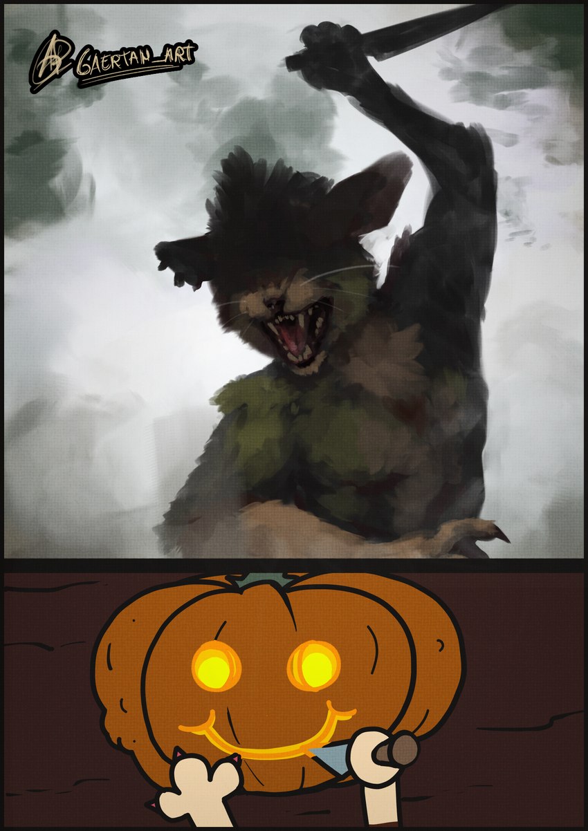 food fruit holidays humor jack-o'-lantern plant pumpkin pumpkin_carving gaertan halloween bovid caprine domestic_cat felid feline felis goat mammal digital_media_(artwork) hi_res krita_(artwork) meme