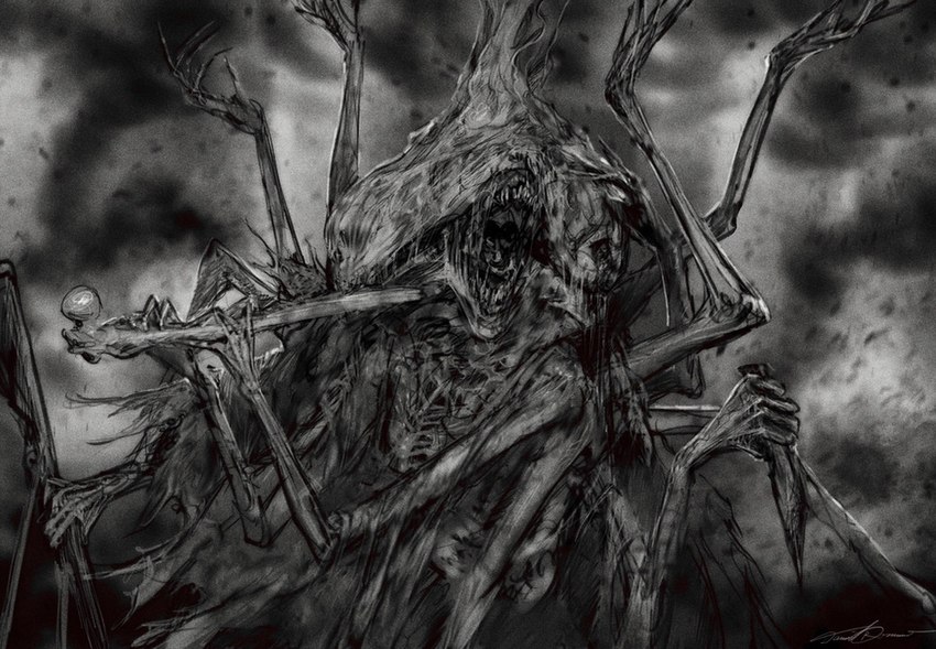 ambiguous_gender conjoined creepy multi_arm multi_limb musical_instrument nightmare_fuel open_mouth playing_flute playing_music solo cinemamind the_magnus_archives the_piper eldritch_abomination entity_(tma) humanoid monster slaughter_(tma) detailed greyscale monochrome