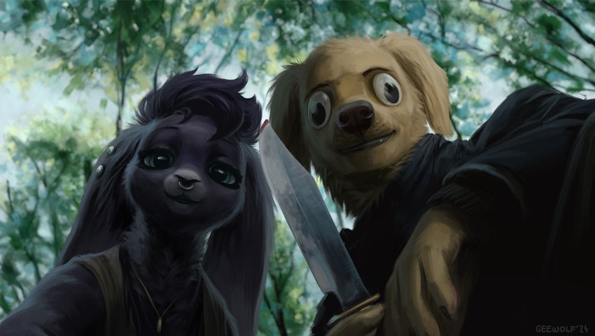 anthro clothing duo facial_piercing female first_person_view forest googlie_eyes hair holding_object holding_weapon jacket jewelry knife male necklace nose_piercing piercing plant smile topwear tree weapon geewolf inglourious_basterds bird_dog canid canine canis domestic_dog golden_retriever hunting_dog lagomorph leporid mammal rabbit retriever 2023 digital_media_(artwork)