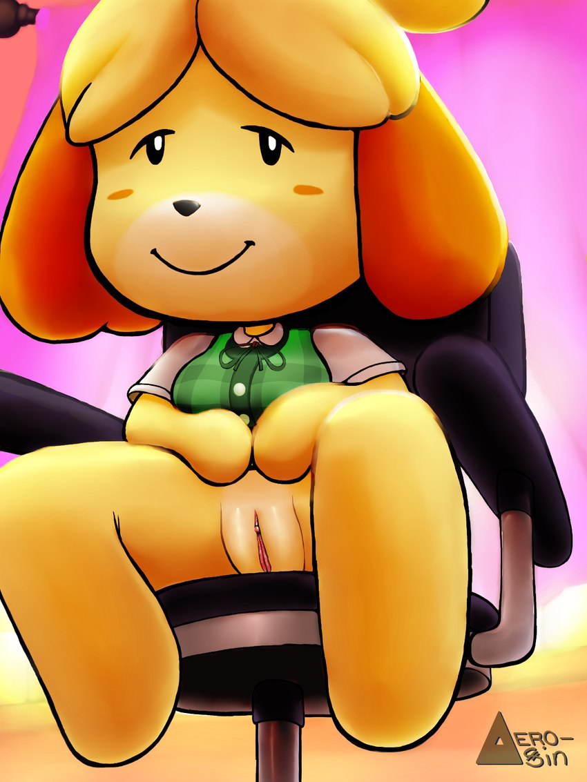 blush bottomless chair clothed clothing female furniture genitals looking_at_viewer pussy sitting smile solo upskirt aerosin animal_crossing nintendo isabelle_(animal_crossing) canid canine canis domestic_dog mammal 2023 hi_res