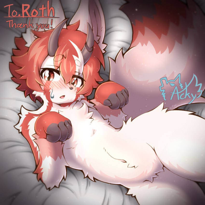 ambiguous_gender anthro blush bodily_fluids featureless_crotch fluffy fur hair horn kemono looking_at_viewer multicolored_body multicolored_fur multicolored_hair navel short_hair solo sweat sweatdrop tail acky05 ailurid hybrid mammal red_panda 1:1 2023 digital_media_(artwork) hi_res