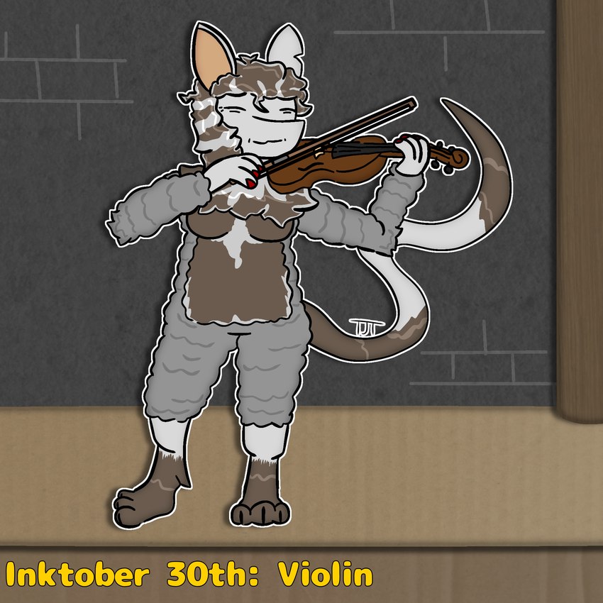 anthro bowed_string_instrument clipped_ear colored_nails erva_(nopov) female fur musical_instrument nails simple_background solo string_instrument tail text toony violin wool_(fur) relyt2442 inktober the_nature_of_predators mammal venlil_(the_nature_of_predators) 1:1 hi_res