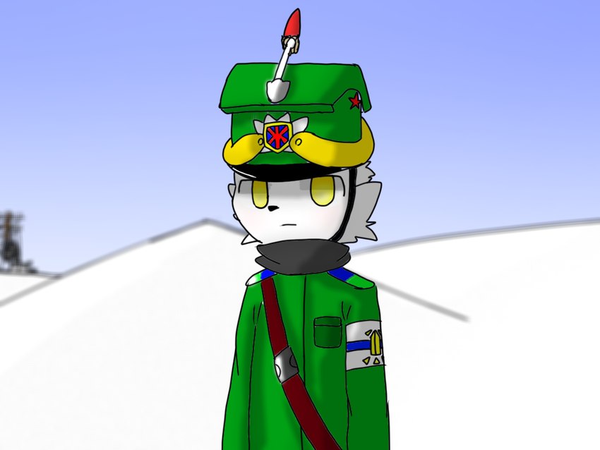 belt cannon clothing fur green_clothing greenland grey_scarf male radar ranged_weapon red_belt red_star scarf snowfield solo weapon white_body white_face white_fur yellow_eyes borka_artist arctic_fox canid canine fox mammal true_fox 4:3