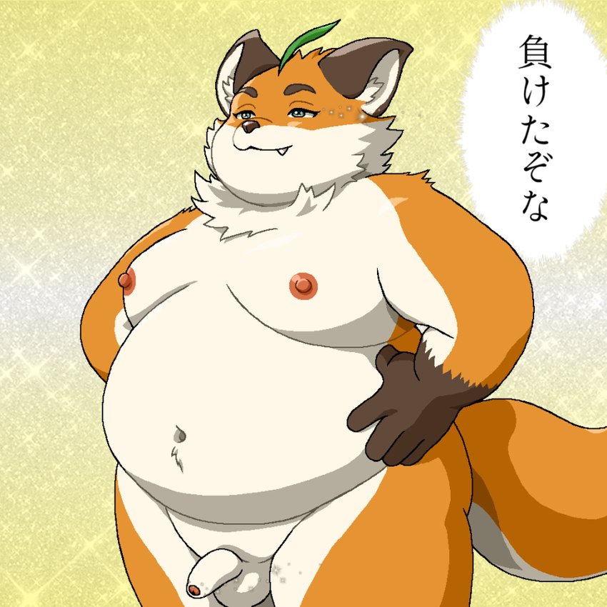 anthro balls cute_fangs fangs flaccid genitals kemono male moobs navel nipples overweight overweight_male penis solo teeth text white_body butti_myroom tamacolle iyo_(tamacolle) canid canine fox mammal 2025 japanese_text