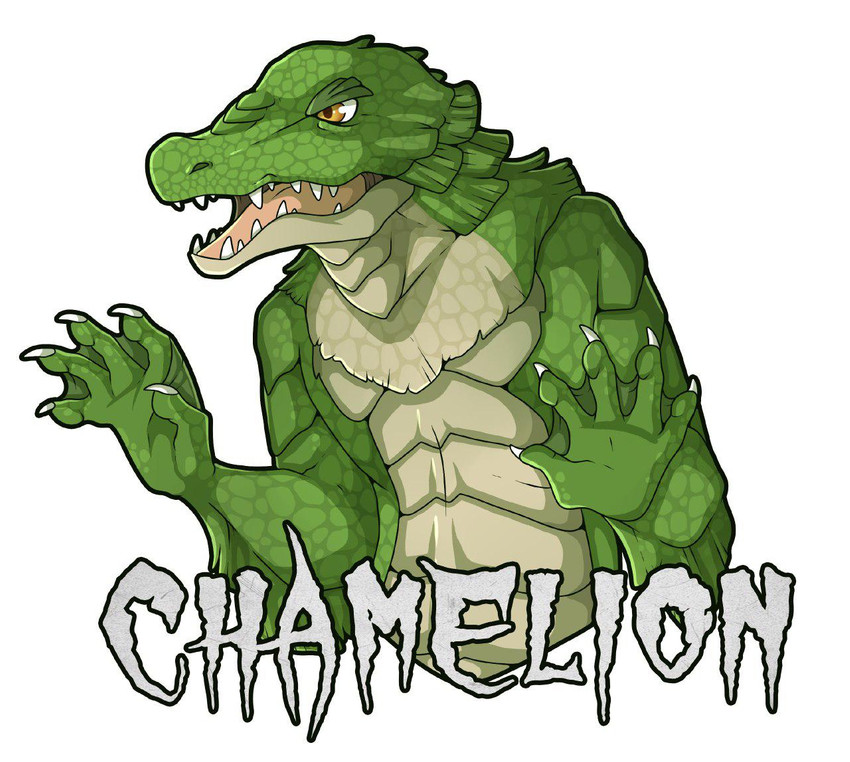 5_fingers anthro badge claws fingers green_body green_membrane green_scales looking_aside male membrane_(anatomy) open_mouth orange_eyes scales sharp_teeth simple_background solo tan_body tan_scales teeth text upper_body webbed_hands white_background chamelion_(artist) creature_from_the_black_lagoon crocodilian devonian_fish-man reptile scalie distracting_watermark english_text watermark