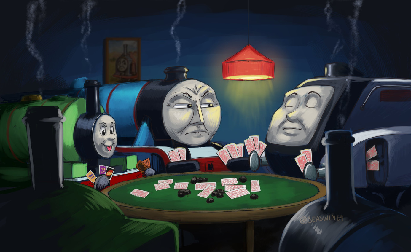 big_nose blue_body brown_body buffer_hands card card_game ceiling_lamp coal eyebrows eyes_closed framed_picture furniture gaming green_body grey_face group half-closed_eyes holding_card humanoid_face humor inside lamp looking_at_another machine male narrowed_eyes painting_(object) parody playing_card poker poker_table silver_body smile smoke smug sneer steam_locomotive table tongue tongue_out trading_card vehicle seaswine9 dogs_playing_poker mattel thomas_and_friends uno yu-gi-oh! duck_the_great_western_engine duke_the_lost_engine gordon_the_big_engine percy_the_small_engine spencer_the_express_engine thomas_the_tank_engine animate_inanimate dire_machine dire_train dire_vehicle living_machine living_train living_vehicle 2026 digital_media_(artwork) digital_painting_(artwork) hi_res painting_(artwork)