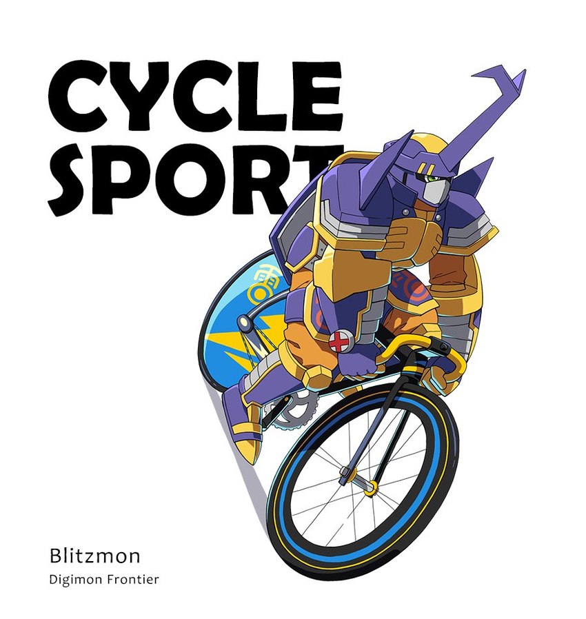 bicycle blue_body cycling green_eyes horn male solo text vehicle op7804620 bandai_namco digimon animal_humanoid arthropod arthropod_humanoid beetlemon humanoid insect insect_humanoid english_text