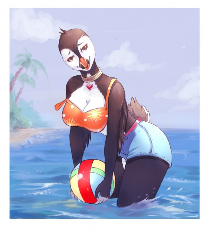 anthro ball beach beak breasts clothed clothing female fully_clothed island looking_at_viewer non-mammal_breasts off_shoulder outside partially_submerged sea seaside solo standing water merime pearl_(boolean) alcid atlantic_puffin avian bird lari puffin digital_media_(artwork) digital_painting_(artwork) hi_res portrait three-quarter_portrait