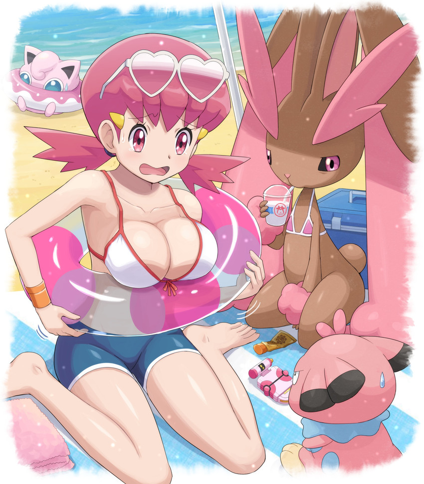 accessory beach big_breasts bikini blue_body blue_eyes blue_fur bodily_fluids bottomwear breasts brown_body brown_fur clothing drinking eyewear female flat_chested fur gym_leader hair hair_accessory inflatable inner_tube jealous kneeling pink_body pink_eyes pink_fur pink_hair pokegear seaside shorts sunglasses sunscreen sweat sweatdrop swimwear triangle_bikini twintails_(hairstyle) two-piece_swimsuit pokemoa nintendo pokemon whitney_(pokemon) canid canine canis domestic_dog generation_1_pokemon generation_2_pokemon generation_4_pokemon human jigglypuff lagomorph leporid lopunny mammal pokemon_(species) shiny_pokemon snubbull absurd_res hi_res