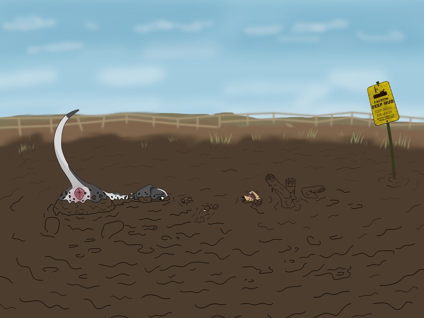 anus dirty female feral group messy mud mud_covered mud_pit muddy sinking trio young pottyanimal canid canine canis domestic_dog mammal hi_res