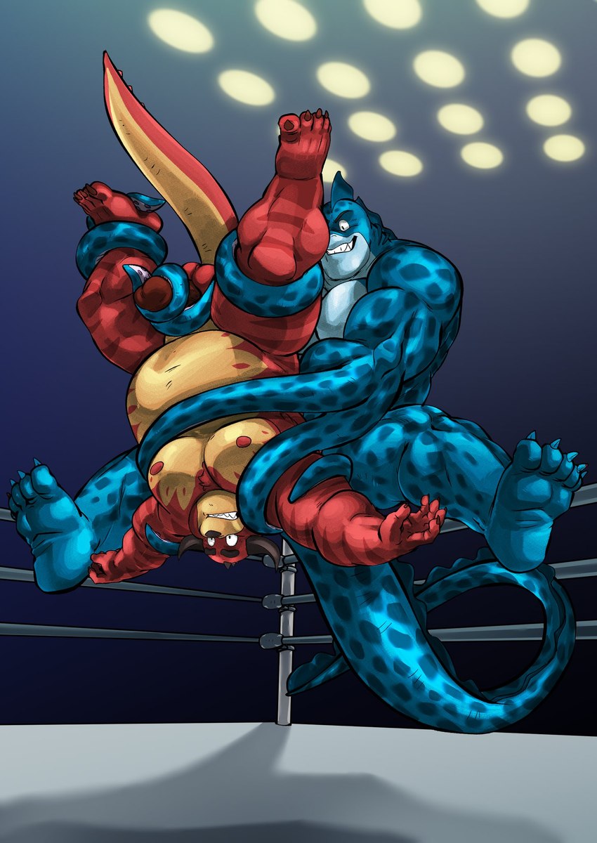 anthro balls belly big_belly blue_body bound duo erection fighting_ring genitals humanoid_hands male moobs nipples overweight overweight_anthro overweight_male penis red_body tentacles wrestling markwulfgar rumble_(movie) steve_(rumble) tentacular_(rumble) monster 2022 hi_res