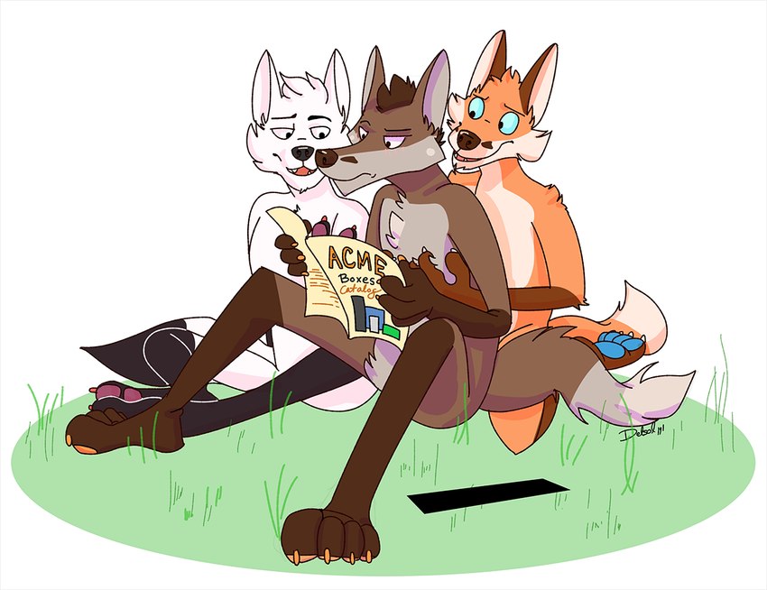 anthro censor_bar chest_tuft eyebrows group hand_on_chest kneeling male mohawk null pawpads raised_eyebrow reading sitting tail toony trio tuft delsol bruce_(delsol) henry_(delsol) redd_(delsol) arctic_fox canid canine fox mammal red_fox true_fox 2019 signature