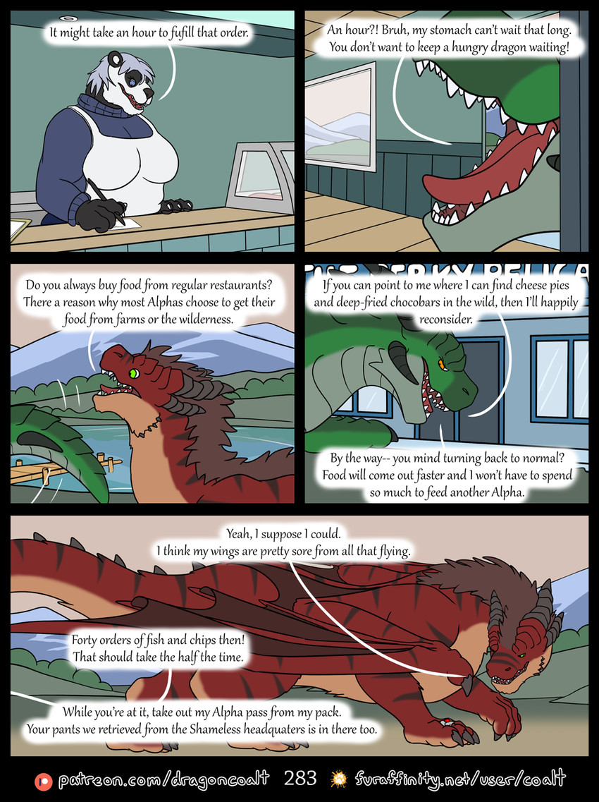 anthro apron black_horn black_spikes black_stripes brown_mane clerk clothing counter dialogue digit_ring female finger_ring five_frame_image fur furaffinity_logo gem green_body green_eyes green_scales group holding_object holding_pen horn jewelry lake male mane membrane_(anatomy) membranous_wings multi_horn open_mouth orange_eyes ordering_food outside page_number patreon_logo pen pier red_body red_fur red_gem restaurant scales sharp_teeth sky speech_bubble spiked_tail spikes spikes_(anatomy) stripes sweater tail taking_order tan_body tan_fur teeth text topwear trio turtleneck wings rimentus european_mythology furaffinity mythology patreon coalt scylla_(rimentus) bear dragon furred_dragon furred_scalie giant_panda mammal mythological_creature mythological_scalie scalie western_dragon comic english_text hi_res multiple_scenes url