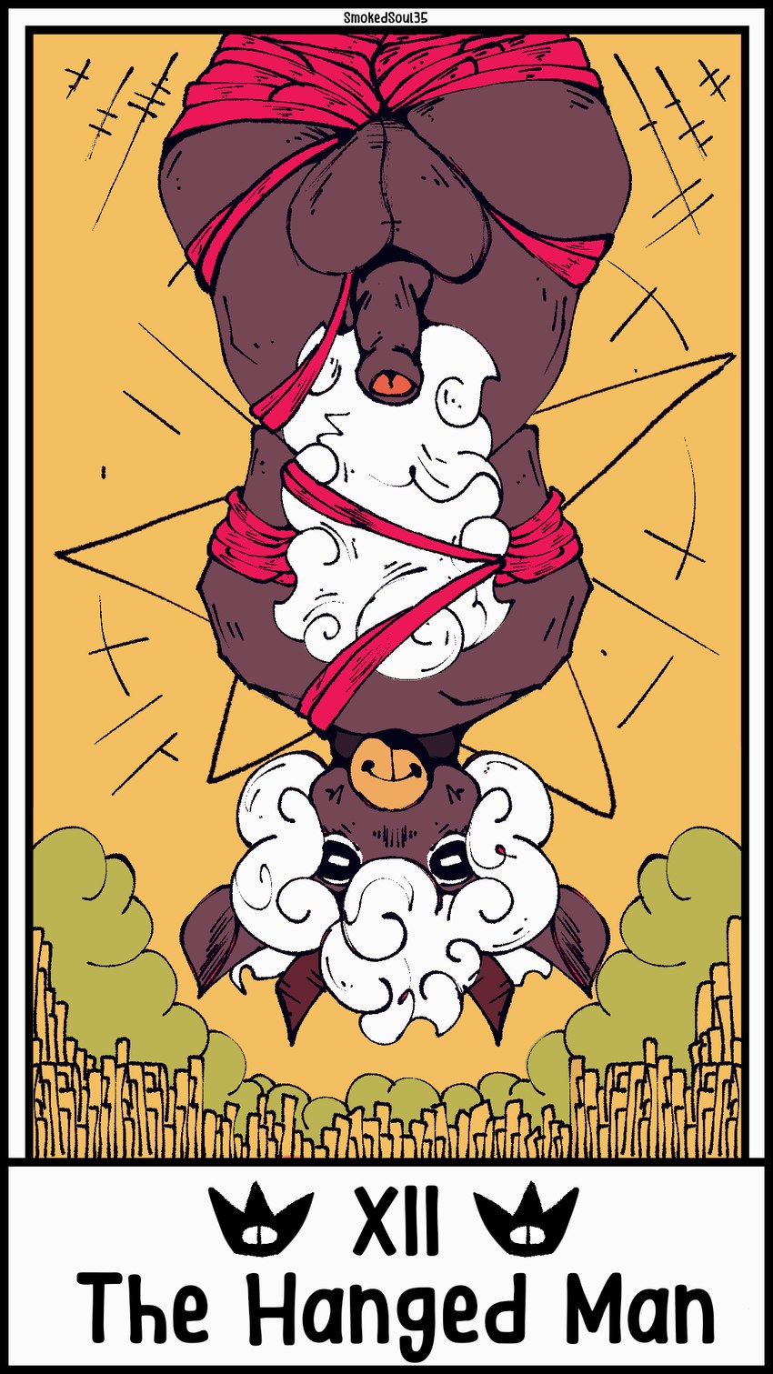 anthro balls bell bell_collar big_balls big_penis black_border border card card_template collar foreskin fortune_telling fur genitals horn major_arcana male nude penis roman_numeral simple_background solo tarot tarot_card text the_hanged_man_(tarot) thick_thighs white_body white_fur wide_hips wool_(fur) smokedsoul35 cult_of_the_lamb massive_monster_(studio) lamb_(cult_of_the_lamb) red_crown_(cult_of_the_lamb) bovid caprine mammal sheep 9:16 digital_media_(artwork) english_text hi_res