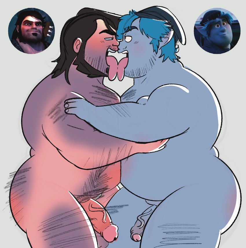 arm_hair balls beard black_hair blue_body blue_hair blush body_hair butt butt_hair chest_hair duo erection eye_contact facial_hair french_kissing genitals hair hairy holding_partner hug human_on_humanoid interspecies kissing leg_hair licking_tongue long_hair looking_at_another male male/male male_on_human male_on_humanoid moobs nude overweight overweight_male penis pubes sex slightly_chubby slightly_chubby_human slightly_chubby_humanoid slightly_chubby_male stubble anukkyt brutal_legend disney onward_(2020) pixar barley_lightfoot eddie_riggs elf human humanoid mammal crossover hi_res