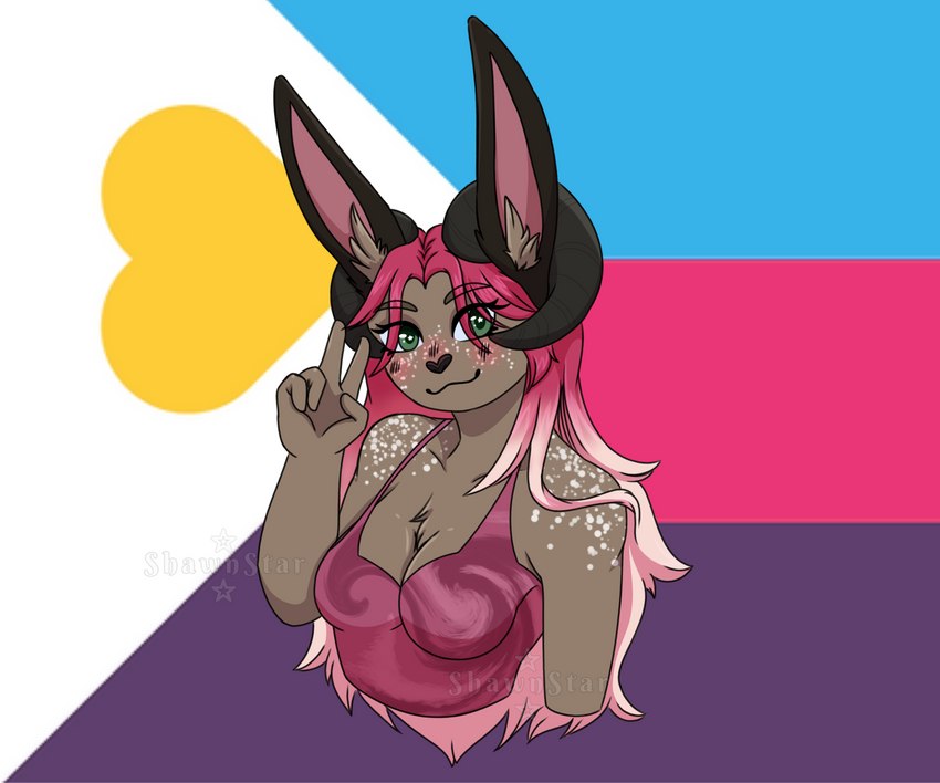 2022_polyamory_pride_colors anthro big_ears black_horn breasts brown_body brown_fur chest_tuft cleavage clothed clothing curved_horn eyebrow_through_hair eyebrows eyelashes female freckles fur green_eyes hair horn humanoid_hands lgbt_pride long_hair pink_hair polyamorous polyamory_pride_colors pride_color_background pride_colors shirt simple_background solo subculture_pride_colors tank_top topwear translucent translucent_hair tuft white_freckles mistystar hybrid lagomorph leporid mammal rabbit 2023 6:5 cel_shading digital_drawing_(artwork) digital_media_(artwork) hi_res shaded