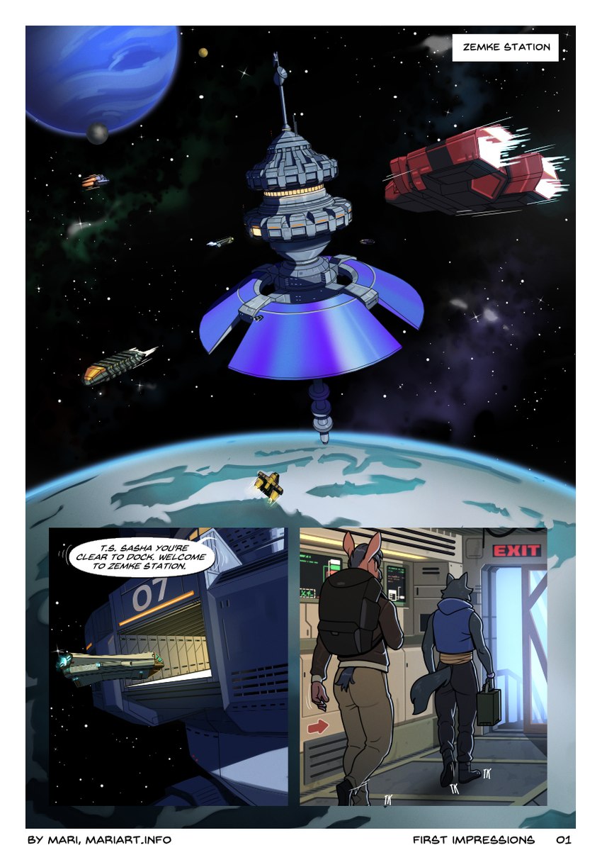 3_panel_comic anthro border clothed clothing dialogue duo fur hair male planet science_fiction space spacecraft tail text vehicle white_border mariart lewis_(mariart) asinus donkey equid equine mammal comic digital_media_(artwork) english_text hi_res