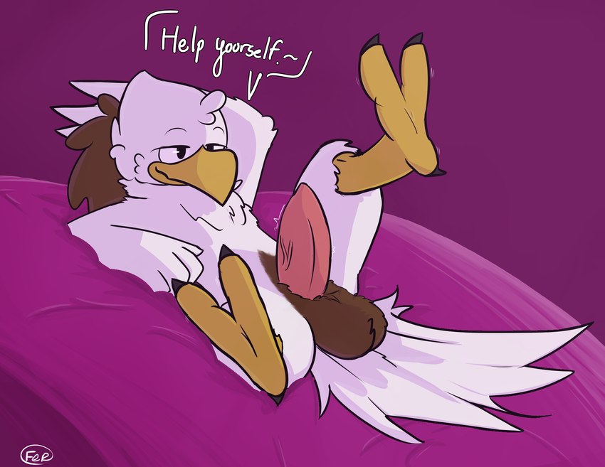 balls beak bedroom_eyes black_eyes brown_balls brown_body brown_feathers claws dialogue dirty_talk erection feathers feet foot_focus genitals hand_behind_head looking_aside lying male motion_lines narrowed_eyes on_back penis pillow pink_penis purple_background purple_pillow raised_leg seductive simple_background solo speech_bubble suggestive tail tail_feathers talons text throbbing throbbing_penis toes white_body white_feathers white_tail yellow_beak ferrissimulator haywood accipitrid accipitriform avian bird eagle digital_media_(artwork) english_text hi_res shaded signature