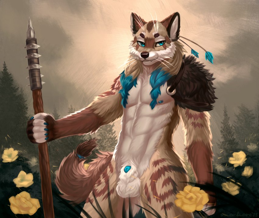 animal_genitalia anthro athletic athletic_anthro balls brown_body brown_fur casual_nudity claws fangs flower fluffy fluffy_tail fur genitals male melee_weapon nature nipples nude outdoor_nudity outside penis penis_tip plant polearm sheath sky smile solo spear tail teeth tree weapon whiskers wind solarflare02 elvor_(murnakia) canid canine canis mammal wolf digital_drawing_(artwork) digital_media_(artwork) hi_res portrait signature three-quarter_portrait