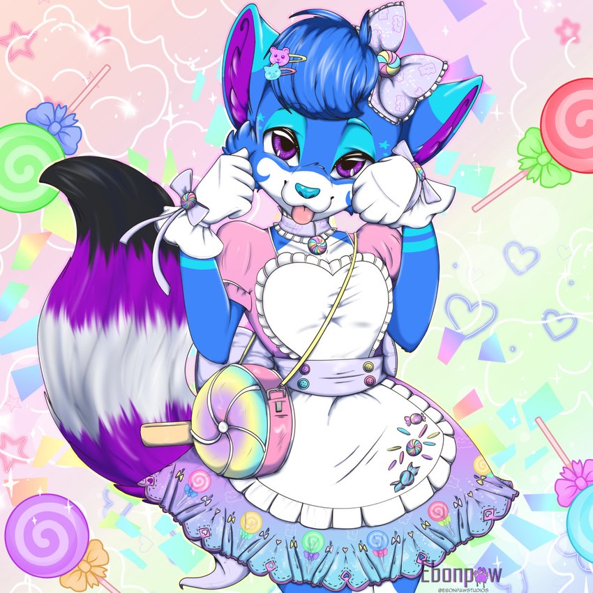 abstract_background accessory alternative_fashion anthro apron blue_body blue_clothing blue_dress blue_fur blue_hair blue_nose bow_(feature) bow_ribbon candy choker clothing cloud decorated_bow dessert dress female flat_chested food fur gloves hair hair_accessory hair_bow hair_ribbon hairclip handwear heart_symbol j-fashion jewelry lolita_(fashion) lollipop markings multicolored_body multicolored_clothing multicolored_dress multicolored_fur necklace pink_clothing pink_dress purple_body purple_eyes purple_fur purse ribbons solo sparklefur sparkles striped_markings striped_tail stripes sweet_lolita tail tail_markings tongue tongue_out white_apron white_clothing white_gloves white_handwear flare_ebonpaw shoofy_(kiihoshi) canid canine fox mammal 1:1 2020 colorful_theme digital_drawing_(artwork) digital_media_(artwork) hi_res icon pastel_theme shaded watermark male_(lore)