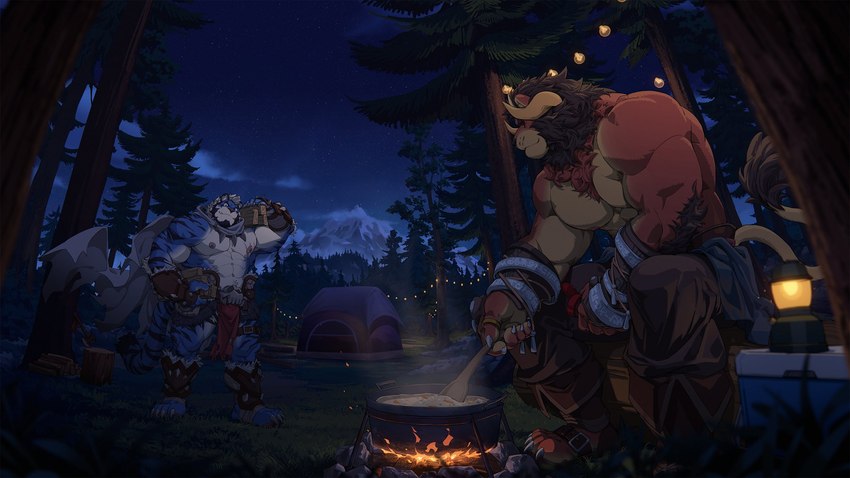 abs amazing_background ankle_guards anthro arm_tuft axe barefoot beard belt biceps black_beard black_facial_hair blue_body blue_fur bottomwear bracelet breechcloth brown_hair camp campfire camping cape chest_tuft claws clothing cloud cooking cooking_pot cooler detailed_background duo elbow_on_leg elbow_tuft evergreen_tree facial_hair feet finger_claws firewood food foot_wraps forest fur hair holding_object horn jewelry lamp lantern log male mane mountain muscular muscular_anthro muscular_male muscular_thighs night nipple_piercing nipples obliques orange_body orange_fur pants pecs piercing pine_tree plant red_body red_fur ring rock shin_guards sitting smoke standing stew stripes tent toe_claws tree tuft warrior white_body white_fur wood wraps wrist_guards rollingstoneeeeee davek_(skydtiger) rigel_(skydtiger) felid lion mammal pantherine tiger 16:9 2022 detailed hi_res widescreen