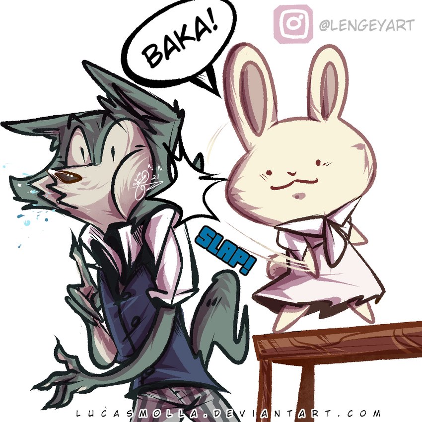 baka clothed clothing contour_smear contour_smear_lines dialogue distorted_contour duo female humor impact_effect long_ears male motion_trail parody school school_uniform scut_tail short_tail slap smack speech_bubble tail uniform lucasmolla beastars instagram haru_(beastars) legoshi_(beastars) canid canine canis domestic_rabbit dwarf_rabbit lagomorph leporid mammal oryctolagus rabbit wolf series_(disambiguation) 1:1 comic meme