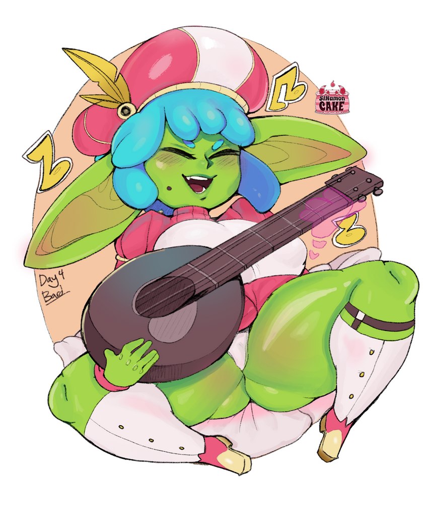 breasts butt butt_from_the_front clothing female musical_instrument not_furry panties solo spread_legs spreading string_instrument thick_thighs underwear sinamoncake1 goblin humanoid 5:6 hi_res