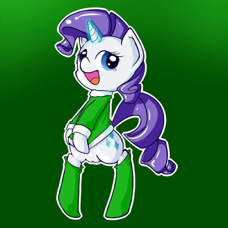 blue_eyes clothing cover_up cutie_mark female footwear fur genitals glowing green_clothing green_sweater green_topwear hair happy horn legwear looking_at_viewer purple_hair pussy socks solo stockings sweater tail topwear white_body white_fur pinkieinprivate friendship_is_magic hasbro my_little_pony mythology rarity_(mlp) equid equine mammal mythological_creature mythological_equine unicorn 1:1