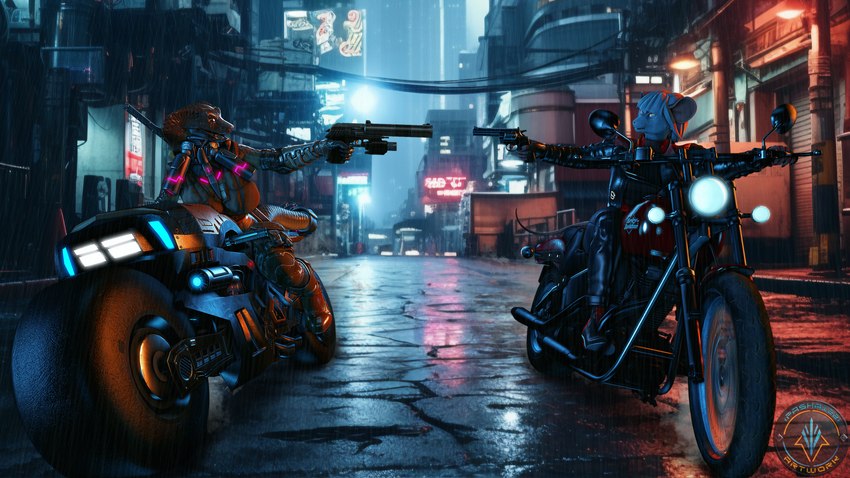 5_fingers anthro armor armwear battle biker biker_girl biker_jacket blade boots brown_body brown_scales city city_background city_lights cityscape clothed clothed_anthro clothing combat_gear costume cybernetic_face cybernetics drill_tail driving duo female fingers footwear fur glowing glowing_eyes gun handgun humanoid_hands jacket machine melee_weapon military motorcycle neon neon_lights neon_sign night orange_eyes pink_eyes pistol ranged_weapon revolver scabbard scales shoes sign snake_hood sword sword_on_back tail topwear vehicle weapon weapon_tail white_body white_fur ai_assisted ai_generated_background xpasha122x petruz_(modeler) sab_(petruz) shizu_(petruz) cobra cyborg mammal murid murine rat reptile rodent scalie snake 16:9 2025 3d_(artwork) 4k absurd_res digital_media_(artwork) hi_res source_filmmaker_(artwork) widescreen