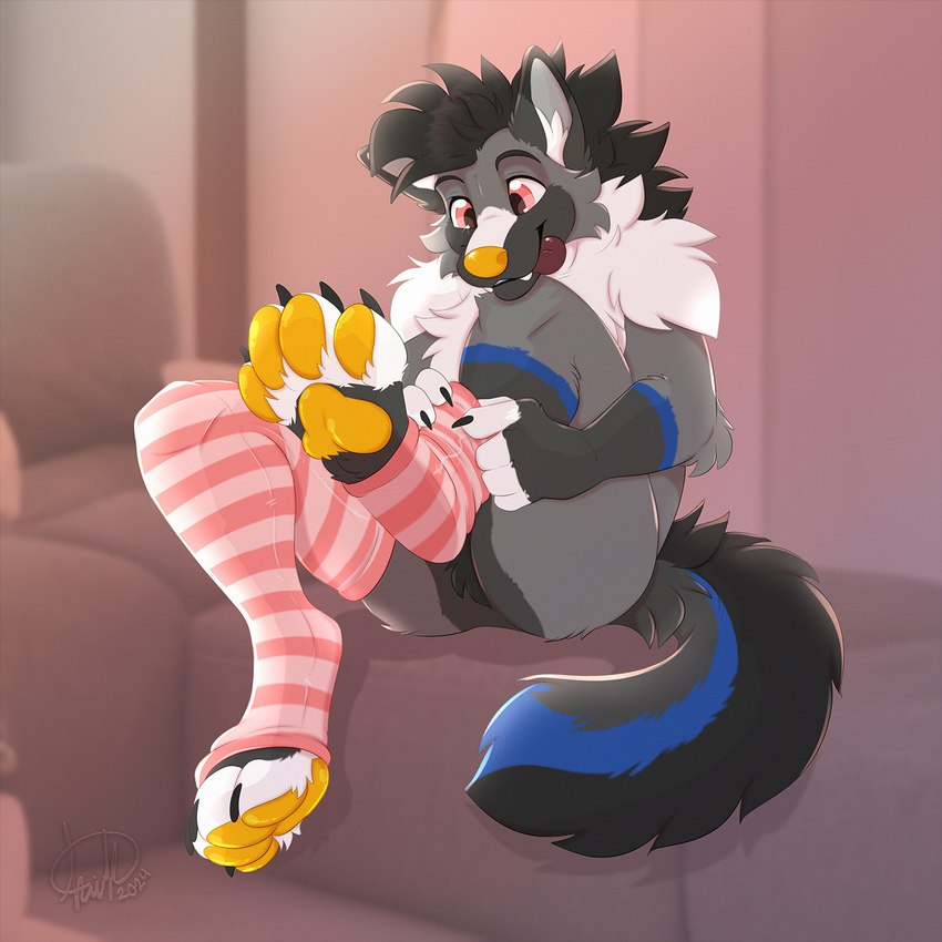 anthro clothing fluffy fluffy_tail footwear furniture legwear male pawpads sitting smile snaggle_tooth socks sofa solo stockings tail thigh_highs tongue tongue_out kwik_(artist) canid canine canis domestic_dog mammal 1:1 hi_res