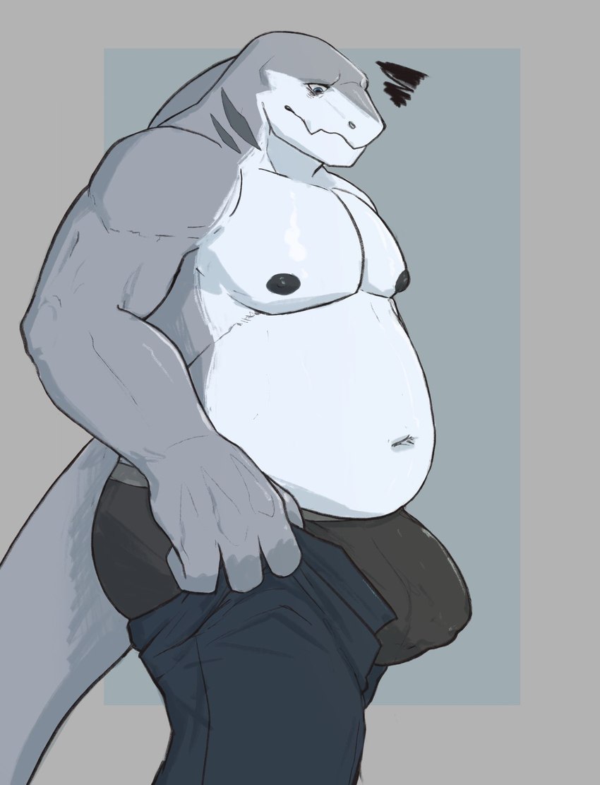 anthro black_clothing black_nipples black_underwear bottomwear bulge clothed clothing looking_down male multicolored_body nipples overweight overweight_male pants solo tail topless two_tone_body underwear amiryth tight_pants_(meme) yosef_(amiryth) fish marine shark hi_res meme