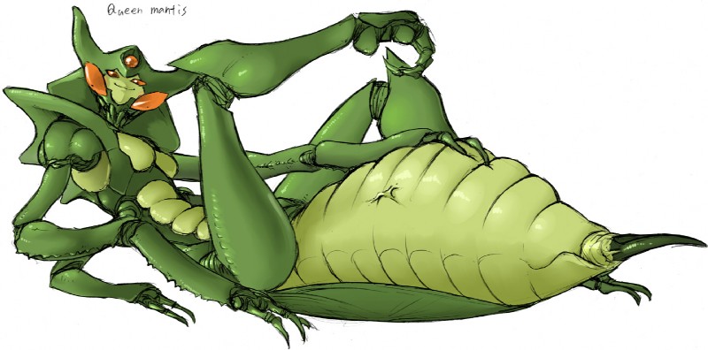 2_fingers 3_fingers 4_arms anthro arthropod_abdomen breasts claws exoskeleton female fingers green_body green_exoskeleton mandibles multi_arm multi_eye multi_limb non-mammal_breasts nude ocellis orange_eyes small_breasts solo stinger vein space_zin arthropod insect mantis