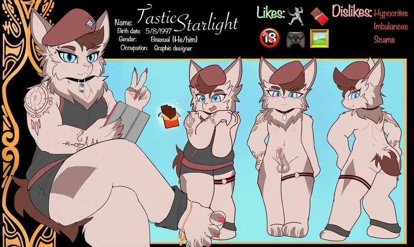 anthro beret blue_eyes clothed clothing collar hair hat headgear headwear jewelry legband looking_at_viewer male nude open_mouth shirt solo tank_top tattoo thighband topwear tasticstarlight tastic_(tasticstarlight) alpaca camelid mammal alpha_channel hi_res model_sheet