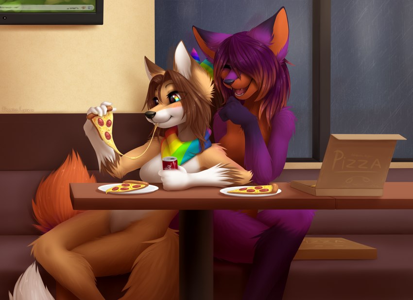 anthro arm_tuft black_body black_fur black_nose breasts brown_hair can container duo eating elbow_tuft eyes_closed featureless_breasts featureless_crotch female food fur furniture hair holding_can holding_container holding_food holding_object holding_pizza inside kerchief multicolored_eyes multicolored_kerchief multicolored_neckerchief neckerchief nude open_mouth open_smile orange_body orange_fur orange_hair orange_inner_ear orange_tail pizza pizza_box purple_body purple_ears purple_fur purple_hair rainbow_eyes rainbow_kerchief rainbow_neckerchief red_tongue sitting smile table tail tongue tuft white_body white_fur white_tail bloominglynx canid canine fox mammal 2021 absurd_res hi_res