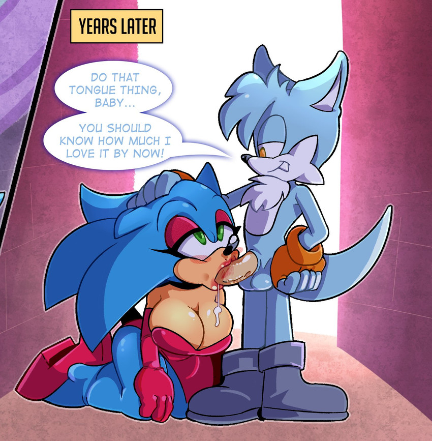 anthro big_breasts bodily_fluids breasts crossgender cum cum_drip dripping duo eyeshadow female genital_fluids hand_on_head kneeling lips lipstick makeup male male/female oral thick_lips missphase sega sonic_the_hedgehog_(series) fan_character sonic_the_hedgehog hi_res