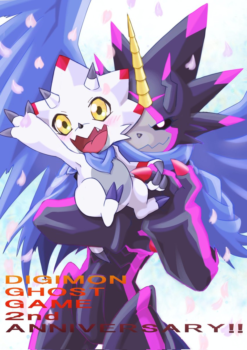 anniversary anthro black_body black_sclera blush cape clothing duo evolutionary_family glowing glowing_eyes horn male size_difference white_body yellow_eyes vfcou bandai_namco digimon digimon_ghost_game digimon_(species) gammamon gulusgammamon scalie hi_res