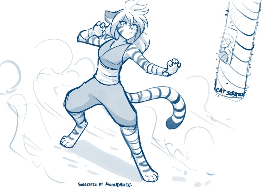 anthro barefoot claw_pose claws clothed clothing digitigrade feet female fighting_pose fur martial_arts martial_arts_uniform portrait_(object) pose scratching_post simple_background solo sportswear striped_body striped_fur stripes tail white_background conditional_dnp tom_fischbach twokinds flora_(twokinds) felid keidran mammal pantherine tiger 2022 adobe_photoshop_(artwork) alternate_version_at_source blue_and_white digital_media_(artwork) hi_res monochrome sketch