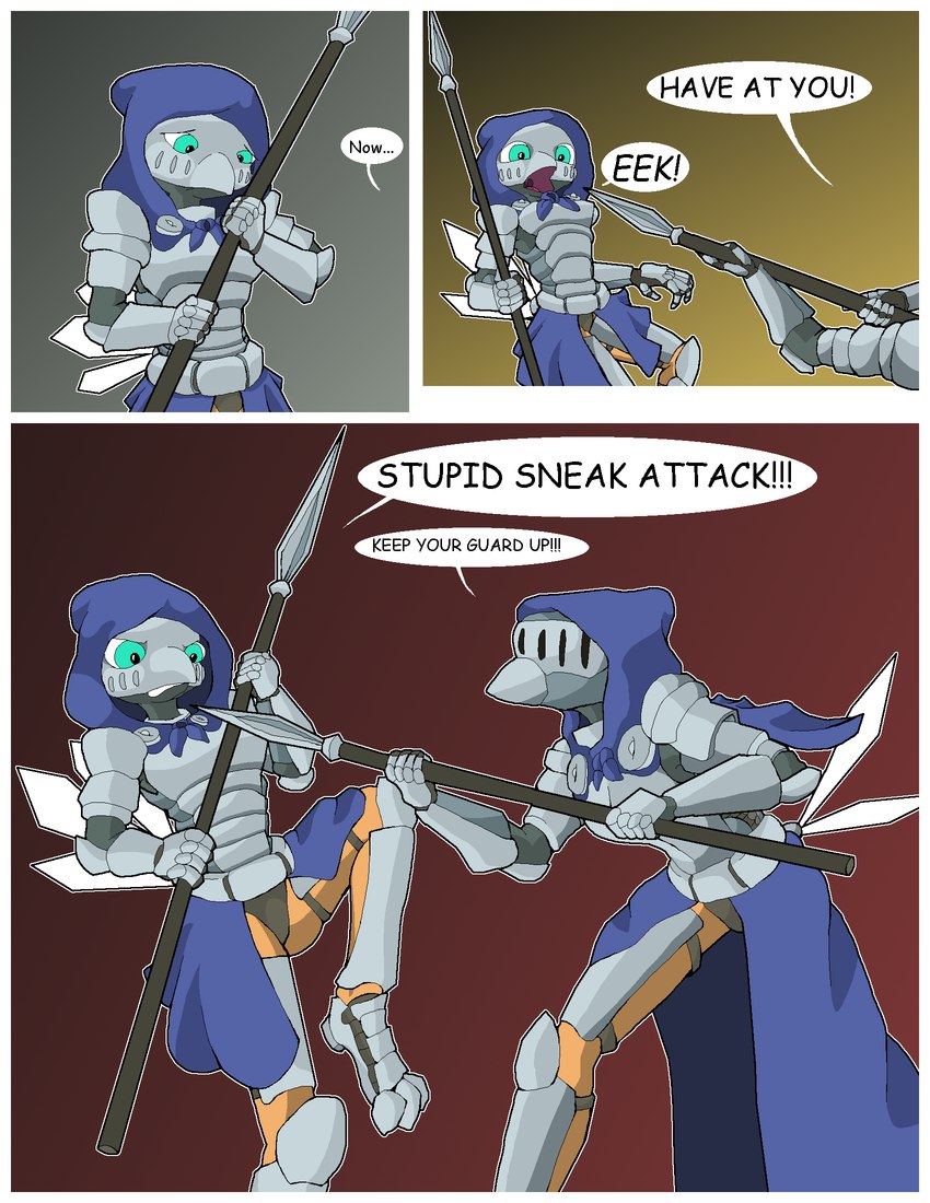 anthro armor dialogue duo female fight hood male melee_weapon plot_focus polearm spear text weapon worldbuilding pornwhal dusklight_(pornwhal) avian bird corvid corvus_(genus) crow oscine passerine comic english_text hi_res daughter_(lore) father_(lore) parent_(lore)