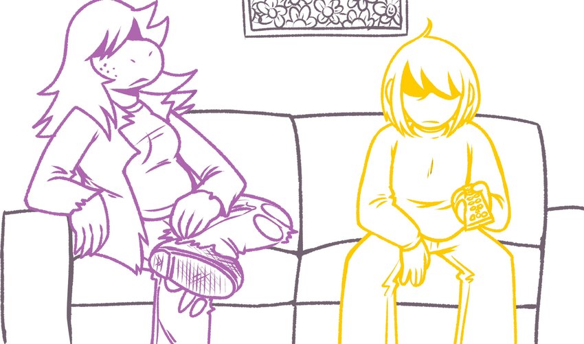 ambiguous_gender controller female furniture remote_control sitting sofa watching_television pornshlub deltarune undertale_(series) kris_(deltarune) susie_(deltarune) dinosaur human mammal prehistoric_species reptile scalie 2023 comic hi_res