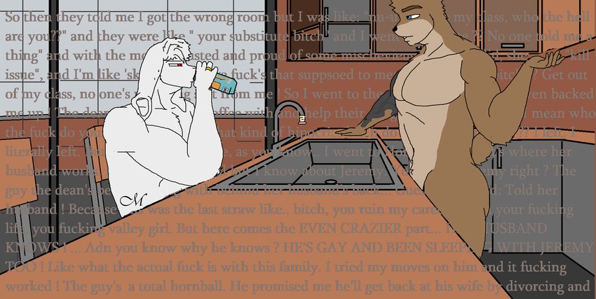 anthro biped duo gossip kitchen male male_anthro muscular muscular_anthro muscular_male nude tattoo text caesarmeow monster_energy bernard_berrisford frederick_lopez albino bear brown_bear grizzly_bear lagomorph leporid mammal rabbit ursine english_text hi_res