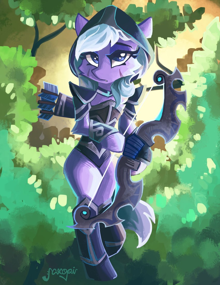 armor arrow_(weapon) biped blue_body bow_(weapon) clothing female feral forest hair hat headgear headwear outside plant ponification purple_eyes ranged_weapon solo tree weapon white_hair saxopi dota hasbro my_little_pony valve traxex_the_drow_ranger earth_pony equid equine horse mammal pony 2019 hi_res signature