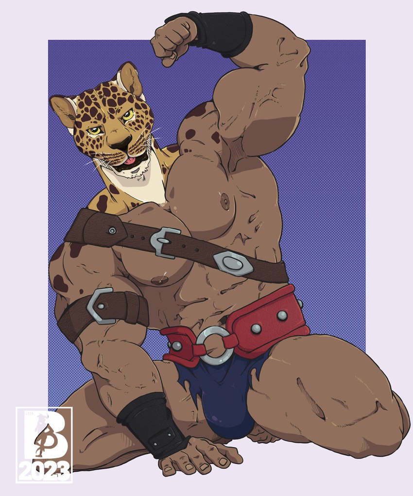 anthro blep bulge male muscular nipples solo tongue tongue_out mr.brapion guin_saga guin felid leopard mammal pantherine absurd_res hi_res