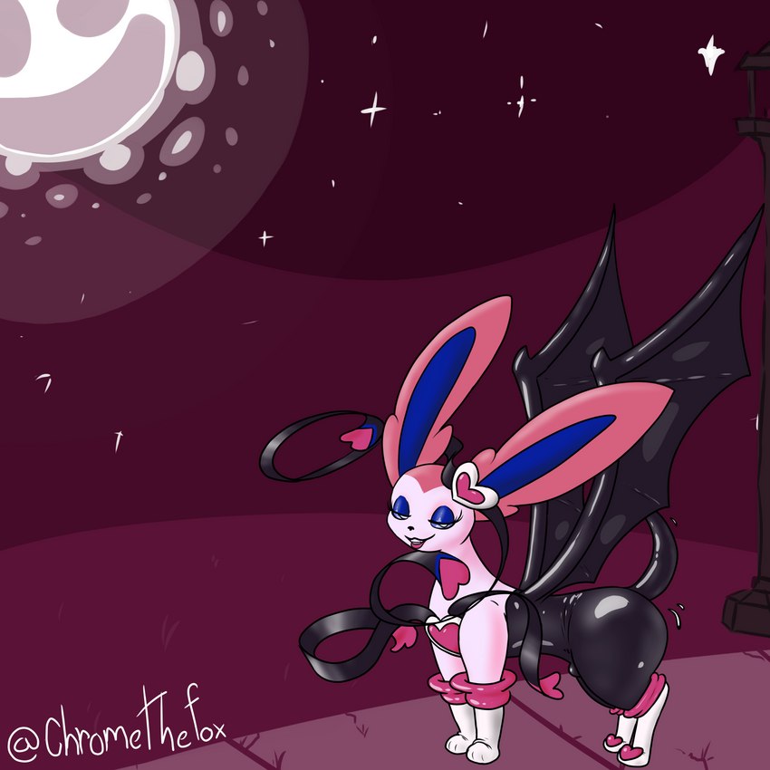 bat_wings bedroom_eyes boots bulge clothed clothed_feral clothing cosplay eyeshadow femboy feral footwear gloves handwear heart_symbol latex lipstick makeup male membrane_(anatomy) membranous_wings moon narrowed_eyes night outside ribbons seductive shoes solo wiggle wings chromethefox nintendo pokemon sega sonic_the_hedgehog_(series) rouge_the_bat eeveelution generation_6_pokemon pokemon_(species) sylveon 1:1 absurd_res hi_res