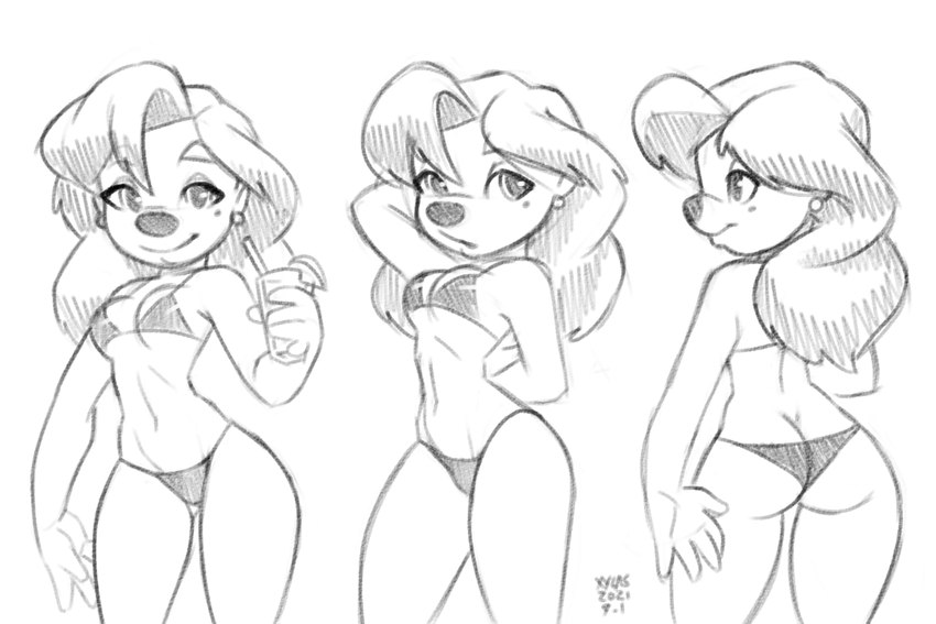 anthro bikini breasts clothing ear_piercing female hair looking_at_viewer markings mole_(marking) piercing shoulder_length_hair simple_background smile solo swimwear triangle_bikini two-piece_swimsuit xylas disney goof_troop roxanne_rover canid canine canis mammal 3:2 black_and_white monochrome