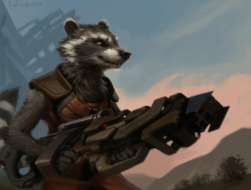 anthro armor biped black_body black_fur black_lips black_nose black_stripes cheek_tuft clothed clothing cloud dark_body dark_fur desert detailed_background facial_tuft fingers fur futuristic grey_body grey_fur gun holding_gun holding_object holding_ranged_weapon holding_weapon humanoid_hands leather leather_armor lips long_mouth male no_sclera orange_eyes outside plant ranged_weapon rifle science_fiction side_view sky smile snout solo spacecraft standing stripes teeth text tuft two_tone_tail vehicle weapon whiskers white_body white_fur white_stripes yellow_eyes hax_(artist) kenket lofi guardians_of_the_galaxy marvel rocket_raccoon mammal procyonid raccoon 2015 detailed digital_media_(artwork) portrait