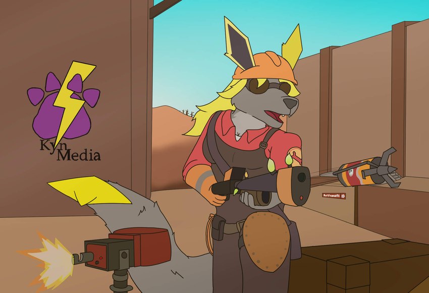 anthro engineer_(profession) female gun ranged_weapon shooting_gun solo technology weapon kynmedia nintendo pokemon team_fortress_2 valve engineer_(team_fortress_2) kyn_skyther sentry_gun_(team_fortress_2) canid canine canis eeveelution generation_1_pokemon hybrid jolteon mammal pokemon_(species) wolf hi_res