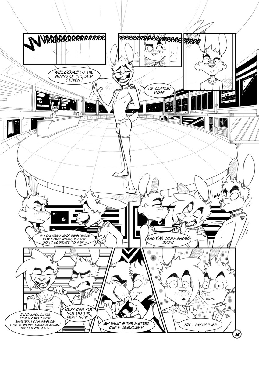 anthro bulge clothed clothing dialogue fur group hair male open_mouth open_smile smile space star text underwear inoby spacebunz captain_hopp commander_ryun jaymes_o'hare stephan_(spacebunz) lagomorph leporid mammal rabbit comic english_text hi_res monochrome