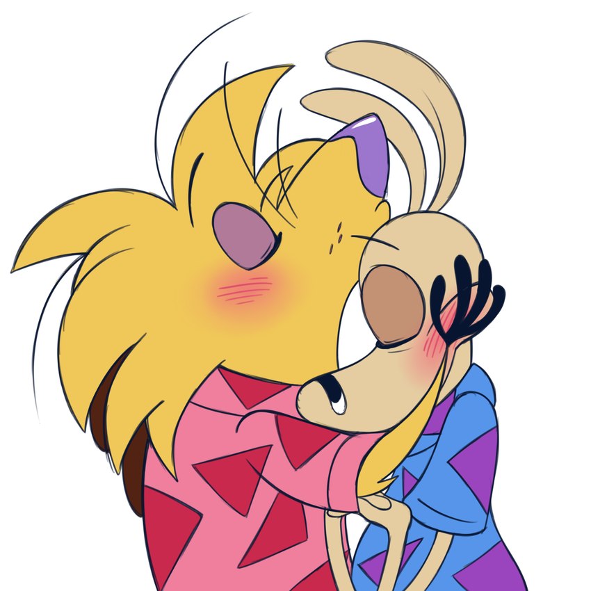 anthro black_nose blonde_hair blue_clothing blue_shirt blue_topwear blush blush_lines clothing crossover_ship duo eyes_closed forehead_kiss fur hair hand_on_face kissing male male/male multicolored_clothing multicolored_shirt multicolored_topwear pink_clothing pink_shirt pink_topwear purple_clothing purple_nose purple_shirt purple_topwear shirt side_view simple_background tan_body tan_ears tan_fur toony topwear two_tone_clothing two_tone_shirt two_tone_topwear white_background yellow_body yellow_fur 8-bit-britt nickelodeon rocko's_modern_life the_angry_beavers norbert_beaver rocko_rama beaver macropod mammal marsupial rodent wallaby 1:1 2023 crossover digital_media_(artwork) hi_res