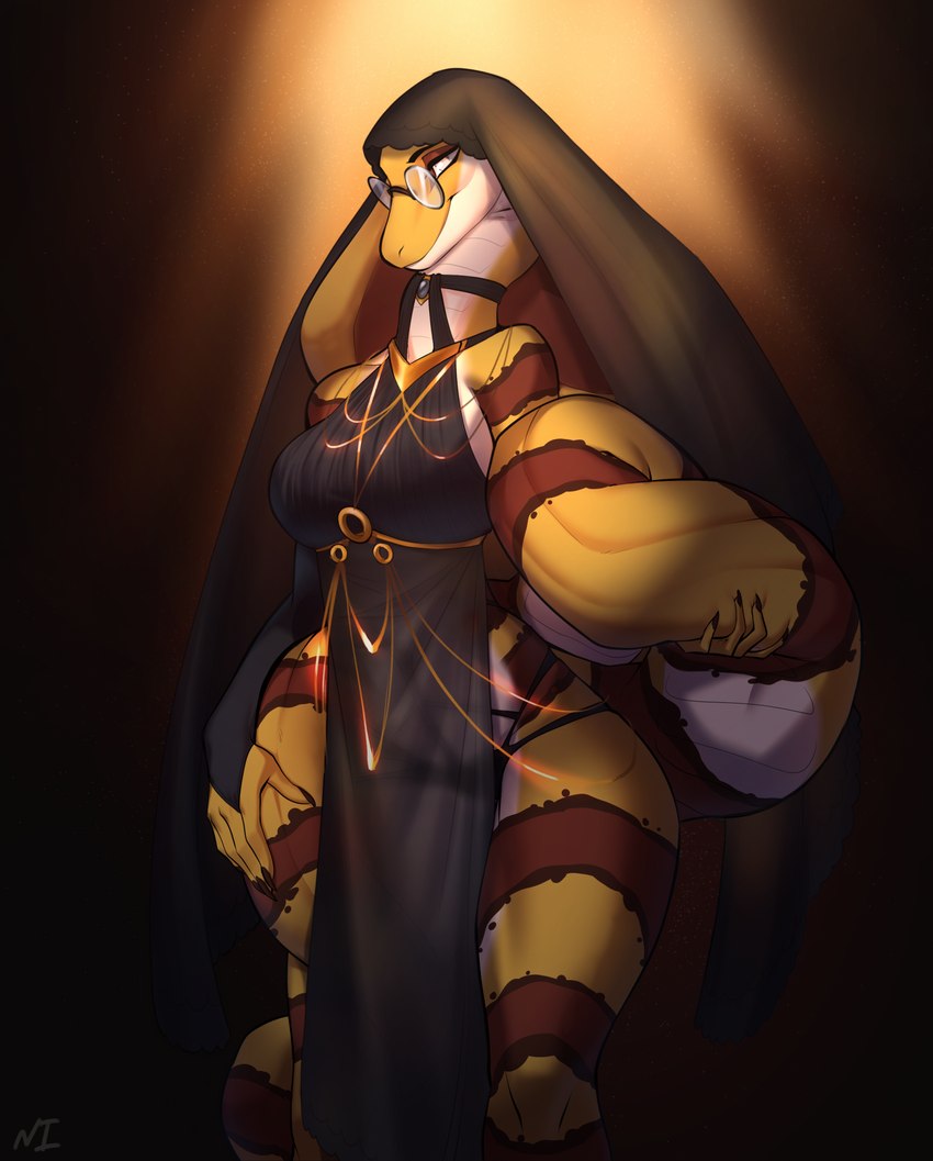 anthro breasts clothed clothing dress eyewear female front_view glasses jewelry long_tail nun_habit religious_clothing round_glasses scales skimpy solo standing tail thick_tail wide_hips yellow_body yellow_scales necroizu fora cobra reptile scalie snake hi_res